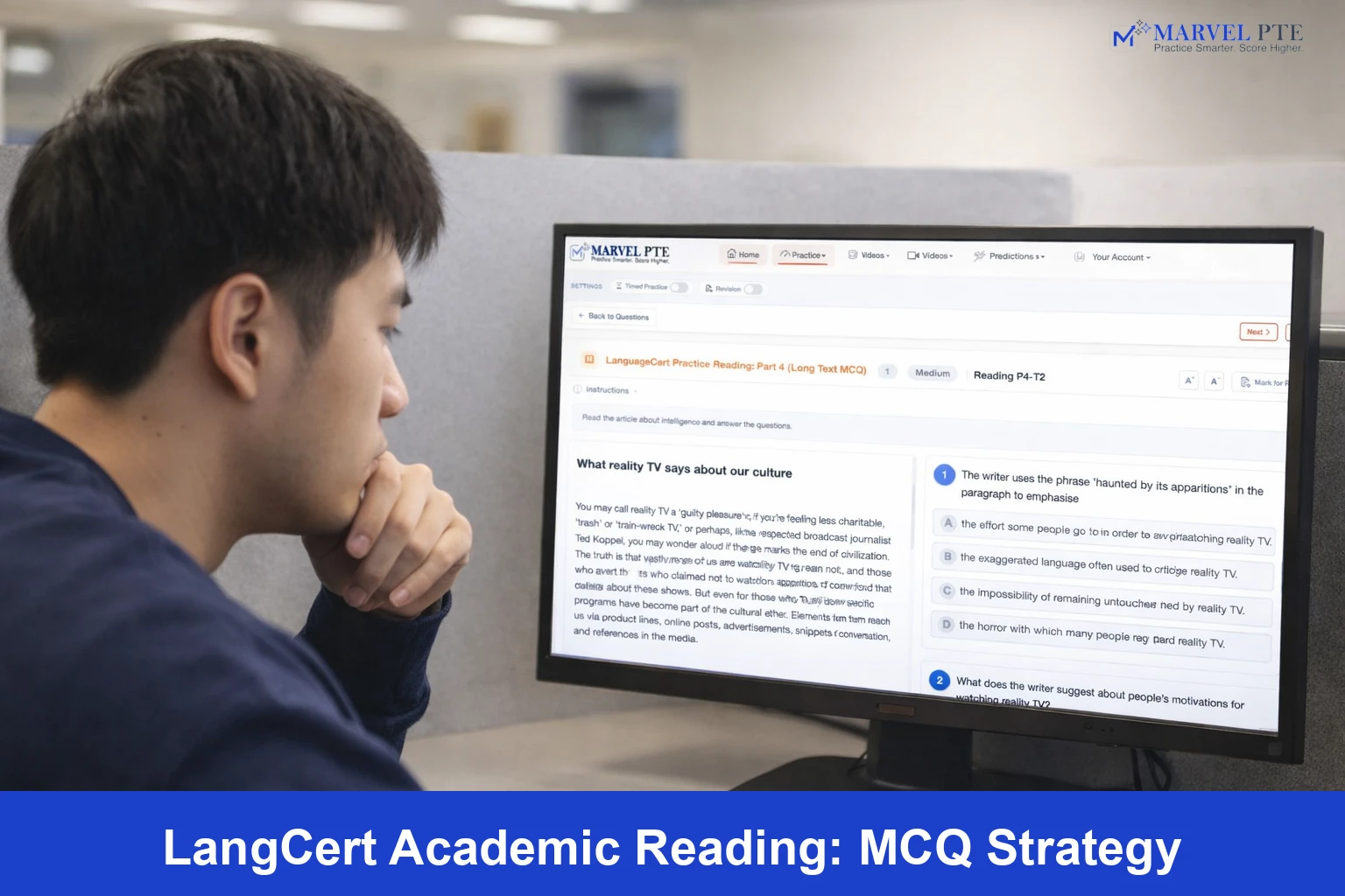 Student focusing on long text MCQ strategy for LanguageCert Reading Part 4