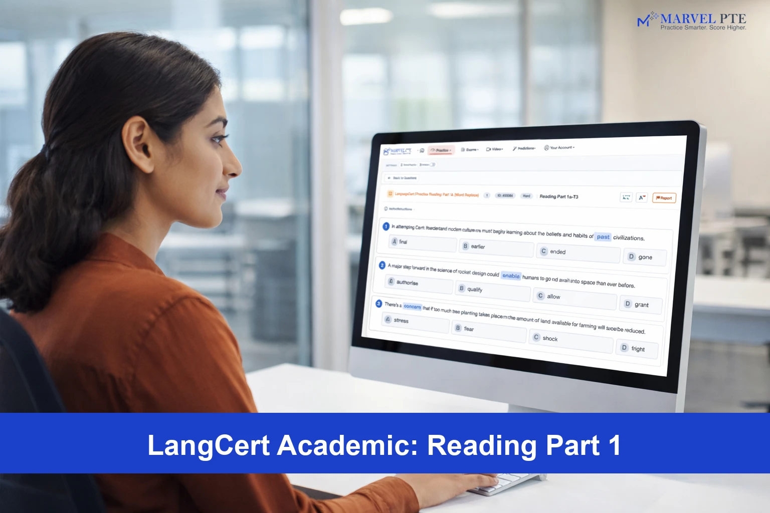 Student completing LanguageCert Reading Part 1 vocabulary test at computer