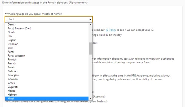 Language Selection for PTE